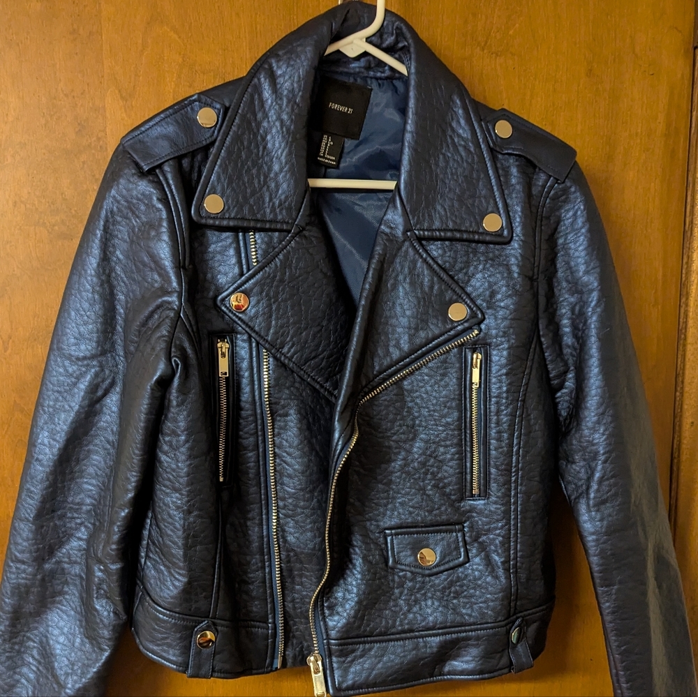Forever 21 Silver Blue Bomber Jacket with Classic Style